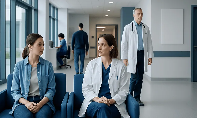Medical professionals waiting in a hospital corridor at Acibadem Hospitals Group.