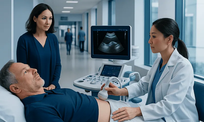 Doctor performing a liver ultrasound on a patient in a hospital corridor.