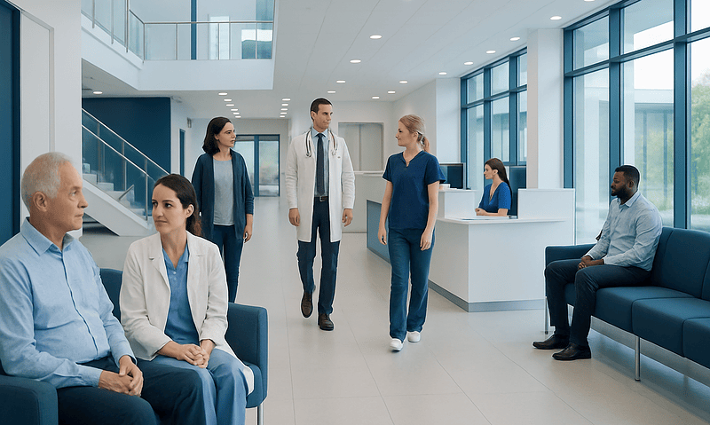 Modern hospital lobby with medical staff and patients in a bright, spacious setting.