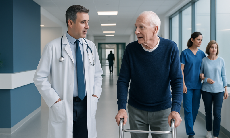 Doctor talking to elderly patient in hospital corridor.