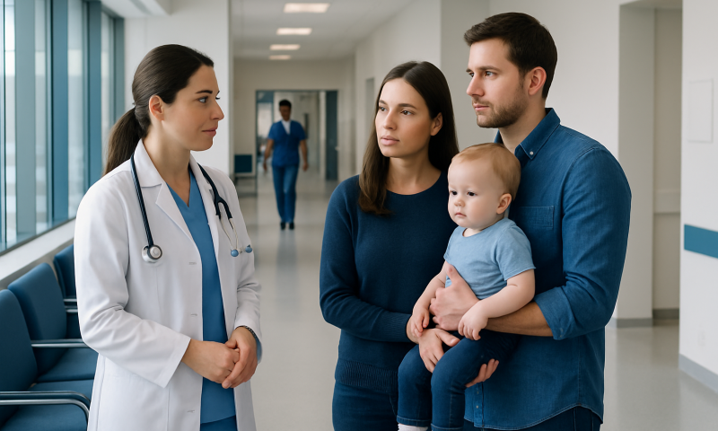 Family consulting with a doctor in a hospital corridor.