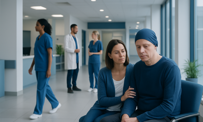 Patient receiving emotional support in hospital corridor with medical staff nearby.
