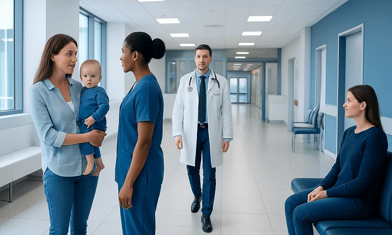 Hospital corridor with patients and medical staff at Acibadem Hospitals Group.