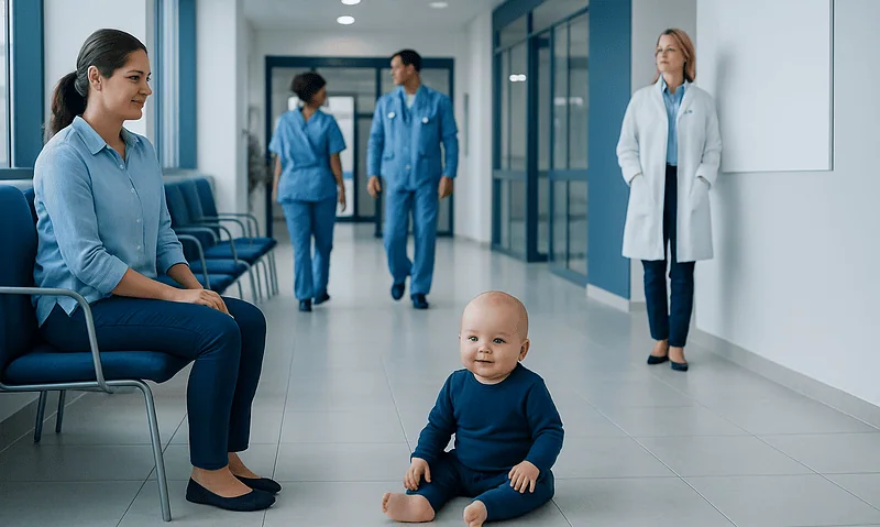 Happy baby sitting in hospital corridor with medical staff nearby.