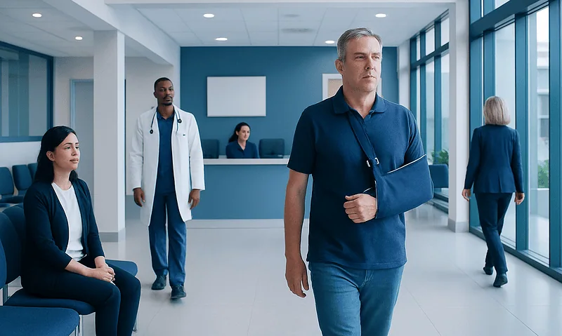 Patient with arm sling walking in hospital corridor at Acibadem Hospitals Group.
