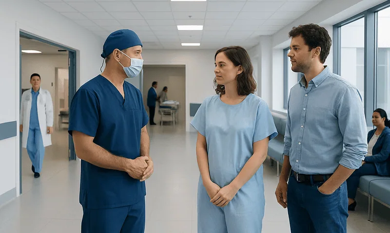 Medical team discussing patient care in hospital corridor.