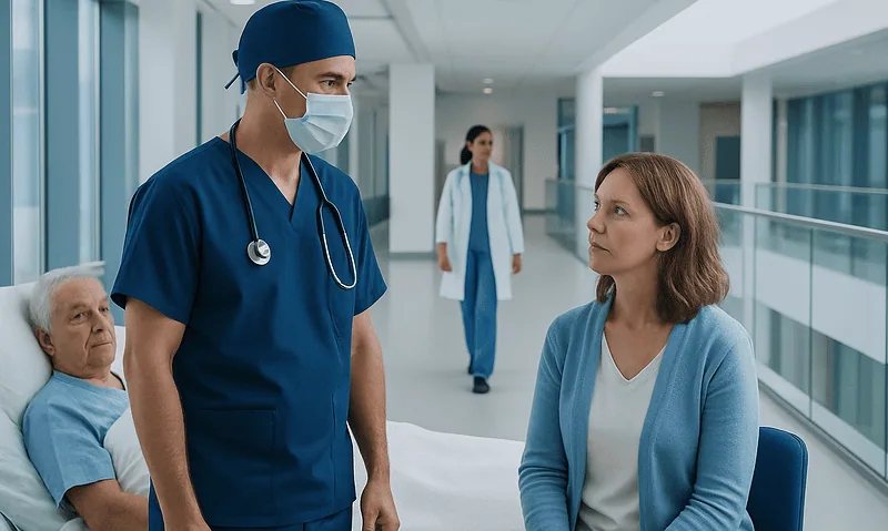 Doctor consulting with a patient in a hospital corridor with other patients nearby.