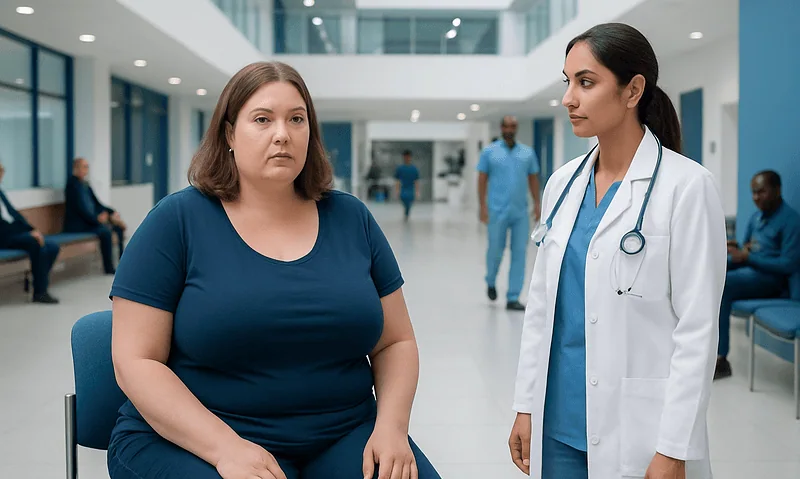 Patient consulting with doctor in hospital corridor.
