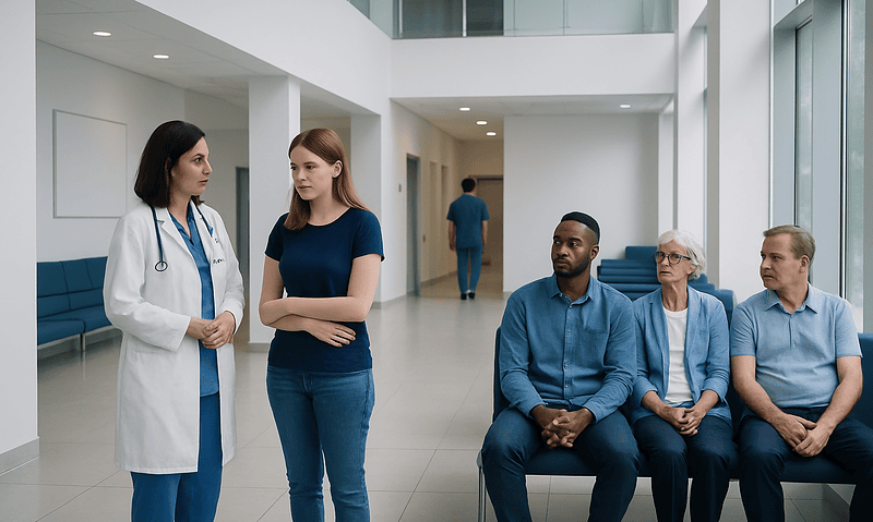 Doctor consulting with young female patient in hospital lobby.