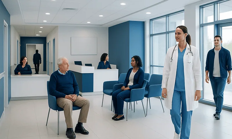 Healthcare professionals and patients in a modern hospital waiting area.
