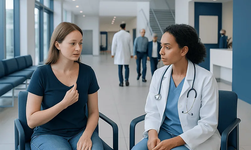 Doctor consulting with a young female patient in a hospital lobby.