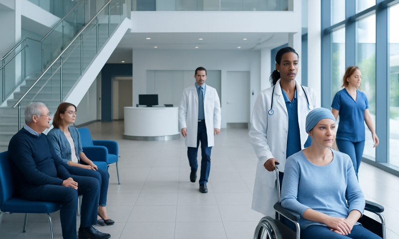 Hospital staff attending to a patient in a modern medical facility.