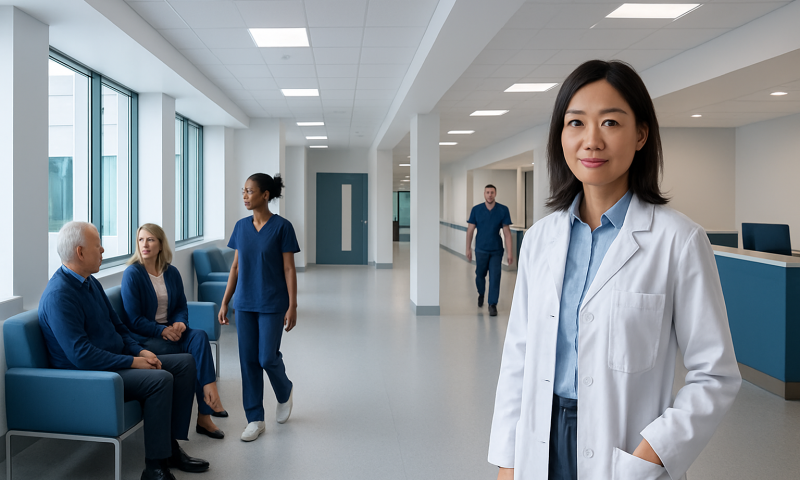Healthcare professionals and patients in a modern hospital corridor.