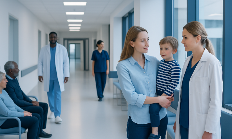Healthcare professionals and a mother with a child in a hospital corridor.