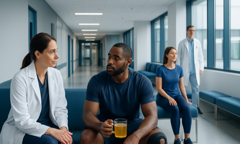 Patient talking to doctor in hospital corridor with other patients nearby.