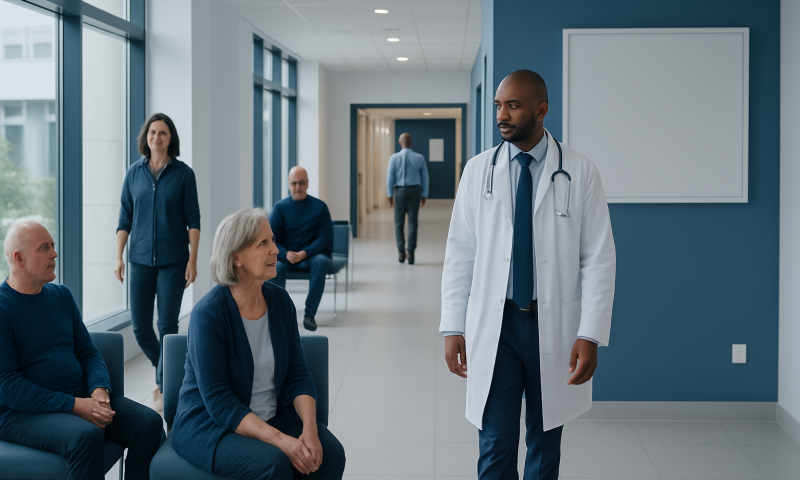Doctor consulting elderly patients in a hospital waiting area.