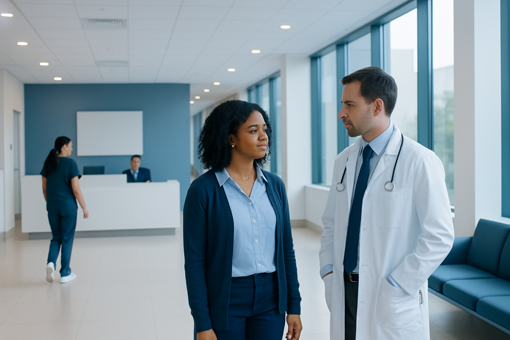 Where Is Stem Cell Located: An Evidence-Based Patient Guide 1 Doctor and patient having a consultation in a modern hospital lobby.