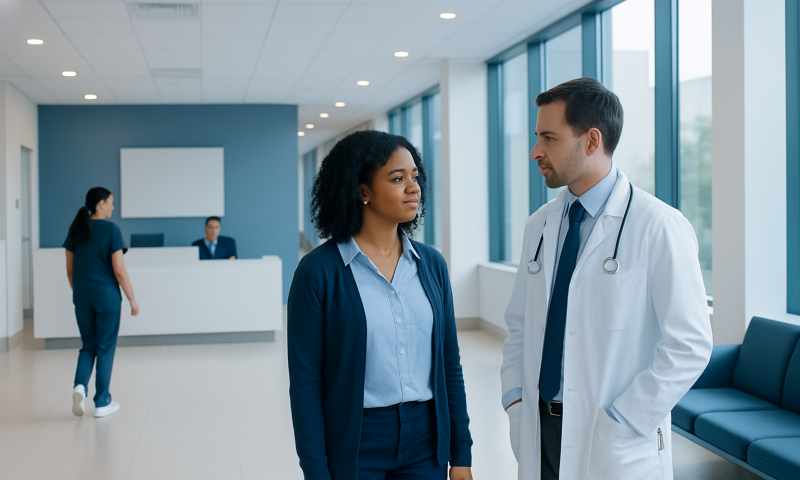 Doctor and patient having a consultation in a modern hospital lobby.
