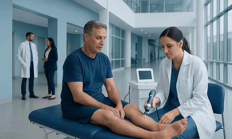 Plantar Fasciitis Treatment Shockwave Therapy: Diagnosis, Outlook, and Modern Treatment Approaches 6 Doctor performing shockwave therapy on patient's foot in hospital.