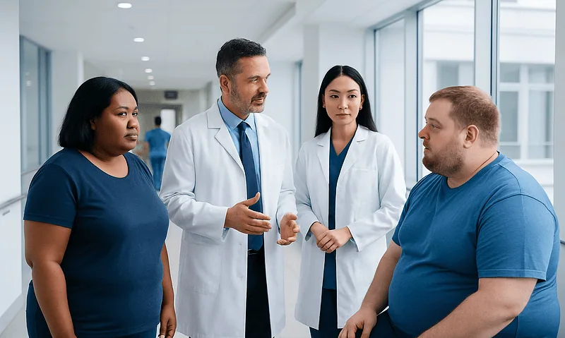 Medical team discussing patient care in hospital corridor.