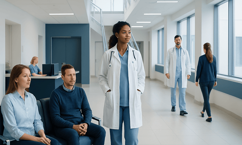 Diverse medical team in hospital corridor with patients and staff.