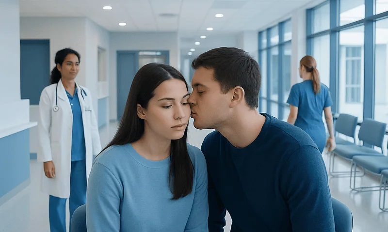 Patient and doctor in hospital corridor, healthcare setting, medical consultation.