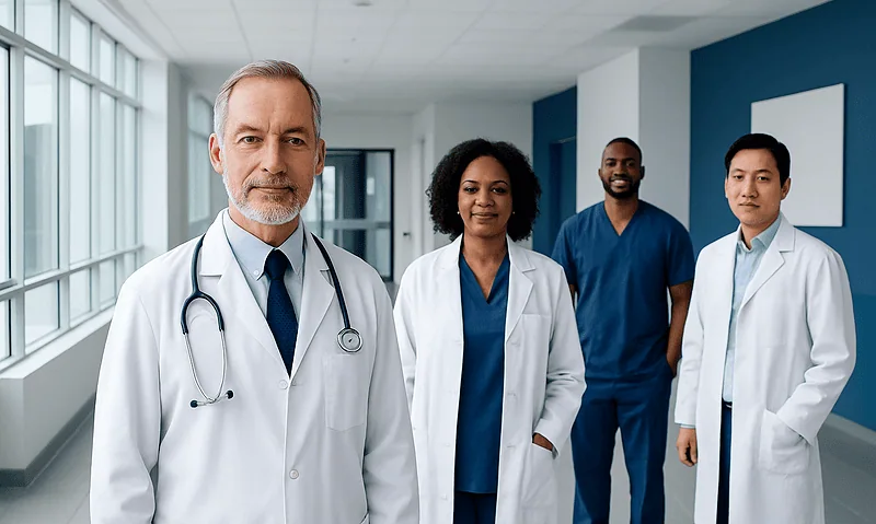 Diverse medical team in hospital corridor with stethoscopes and white coats.