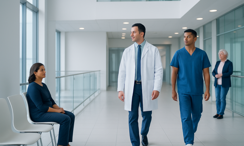 Medical professionals and patient in hospital corridor.