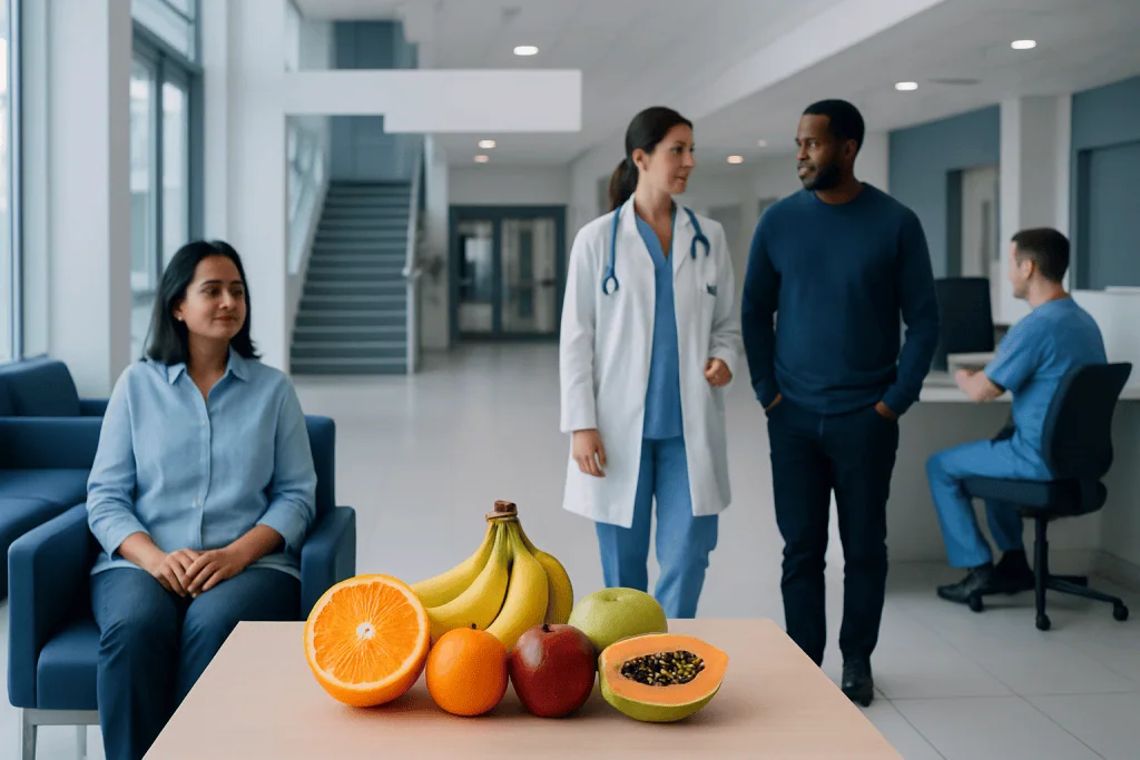 Fruits Rich in Vitamin a and C: Evidence-Based Benefits, Risks, and Practical Guidance 1 Healthcare professionals discussing nutrition in a hospital lobby with fruits on a table.