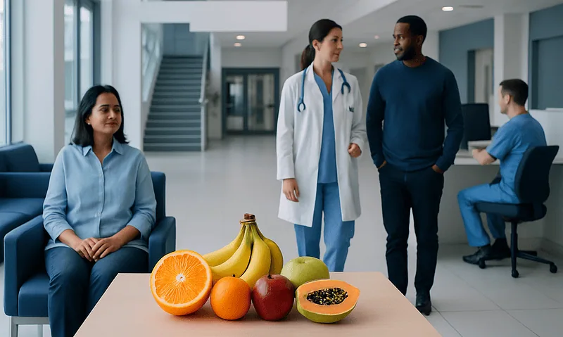 Healthcare professionals discussing nutrition in a hospital lobby with fruits on a table.