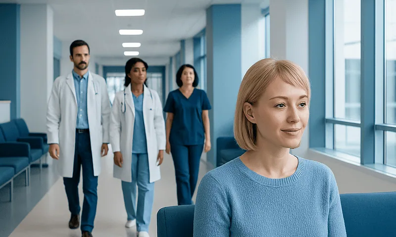 Hairstyles for Thin Fine Hair — Explained by Medical Evidence, Not Myths 8 Young woman waiting in hospital corridor with medical staff in background.