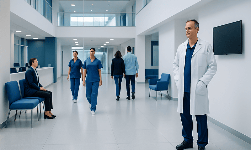 Modern hospital corridor with medical staff and doctor in white coat.