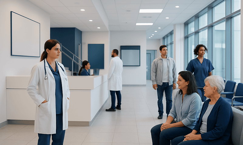 Healthcare professionals and patients in a modern hospital waiting area.