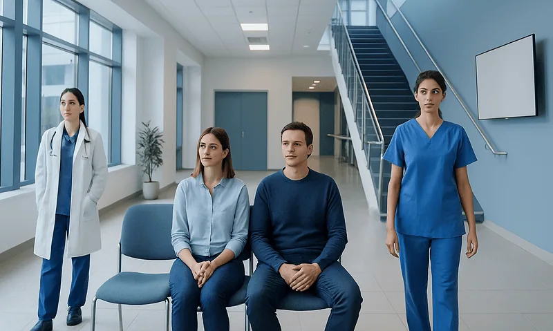 Medical team waiting in hospital corridor with patients and staff.