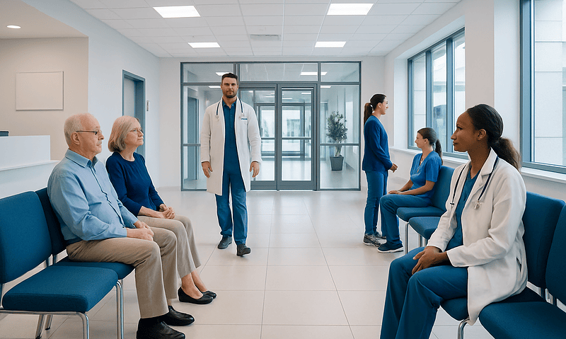 Hospital waiting area with doctors and patients in a modern medical facility.
