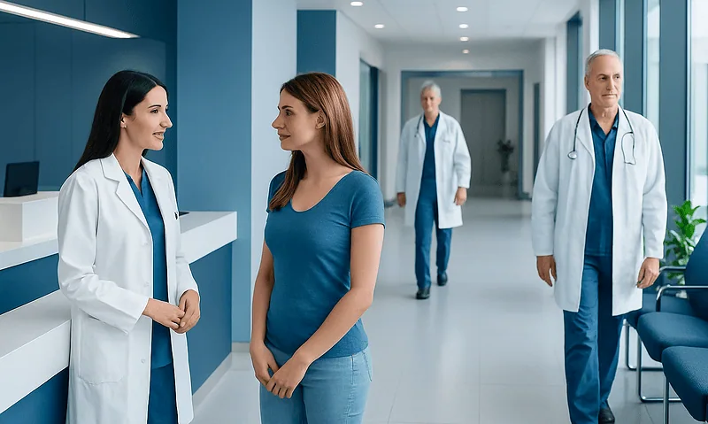 Patients and doctors in a modern hospital corridor at Acibadem Hospitals Group.