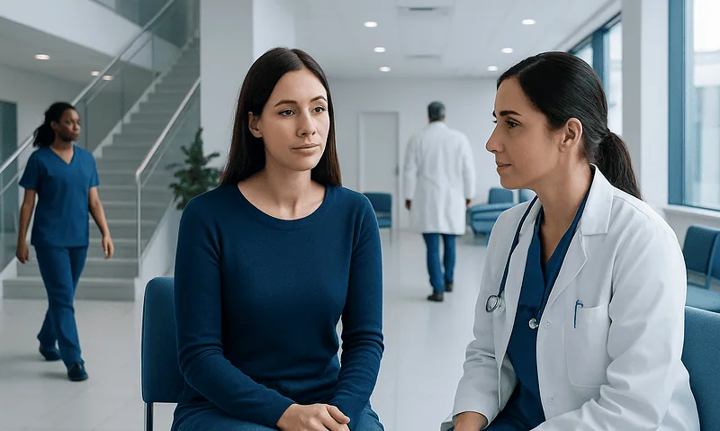 Female patient consulting with a doctor in a modern hospital setting.