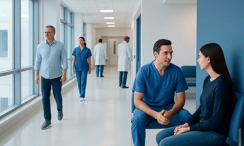 Medical professionals and patients in a modern hospital corridor.