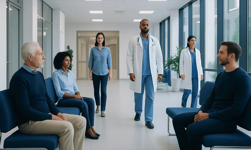 Medical team consulting with patients in a modern hospital corridor.
