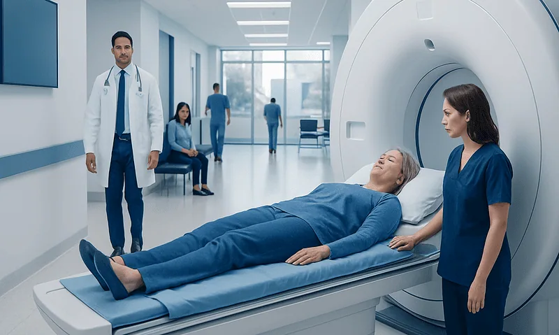 Patient undergoing MRI scan at Acibadem Hospital with medical staff present.