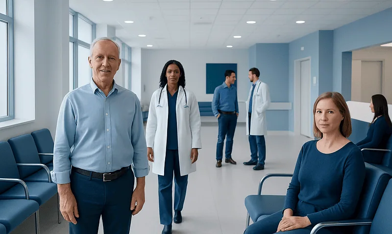 Medical team in hospital corridor with waiting area seats.