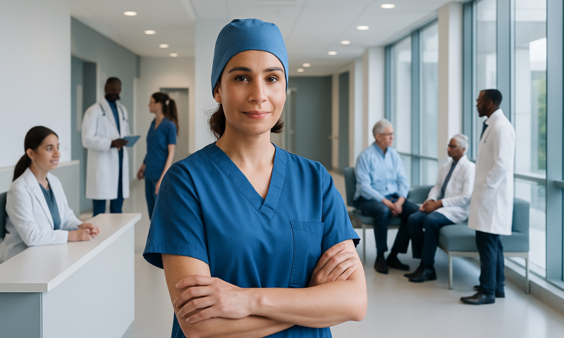 Female surgeon in hospital corridor with medical team in background.