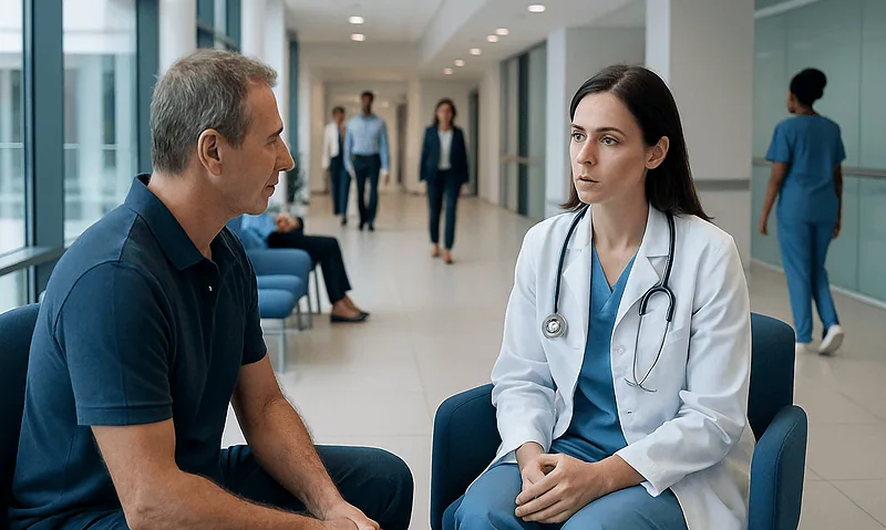 Doctor consulting with a patient in a hospital corridor.