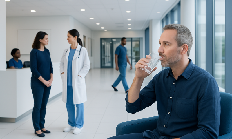 Patient drinking water in hospital corridor for colonoscopy preparation.