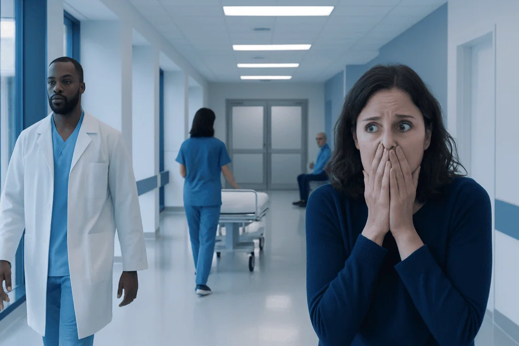 Scared by Ghost — Explained by Medical Evidence, Not Myths 1 Woman scared in hospital corridor with medical staff in background.