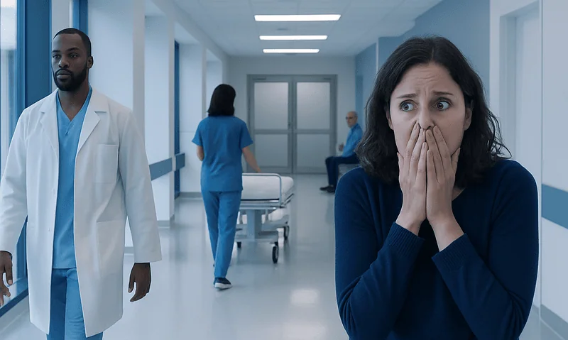 Woman scared in hospital corridor with medical staff in background.