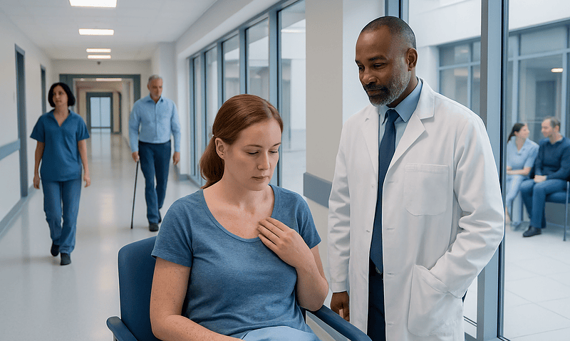 Patient with skin rash in hospital corridor during consultation.