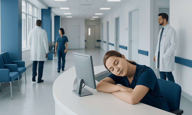Sleepy nurse resting at hospital reception desk in a modern medical facility.