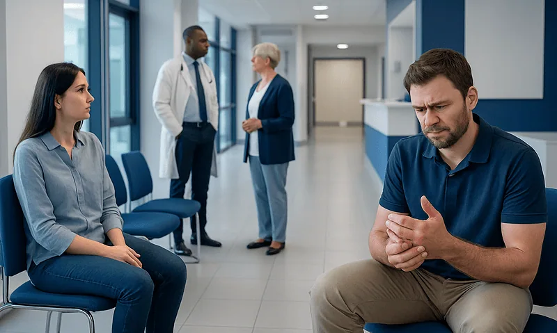 Man with finger pain in a hospital waiting area.