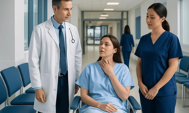 Doctor consulting with patient in hospital corridor.